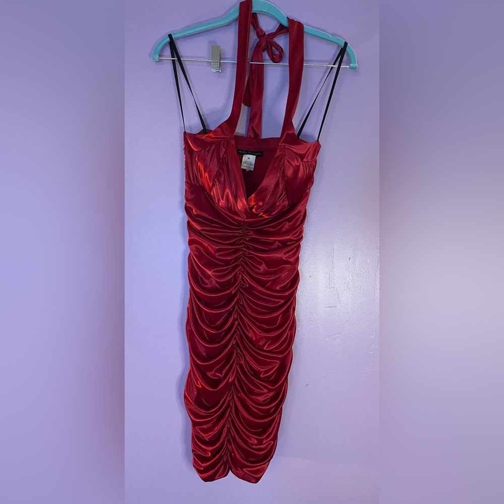 Red ruffle bodycon halter dress